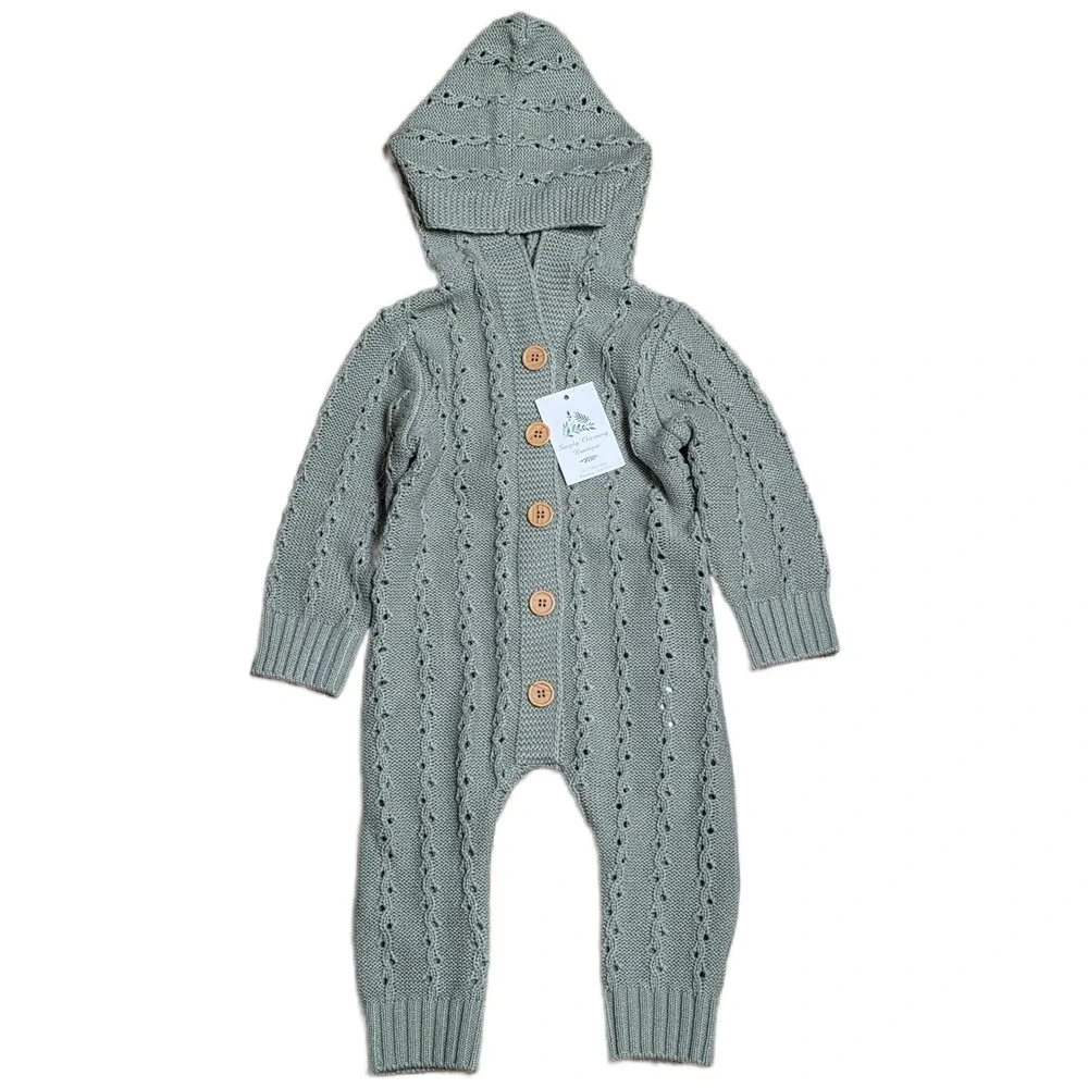 Mimixiong Baby Sweater Hooded Romper Baby Size 18-24 M Green Button Front NWT